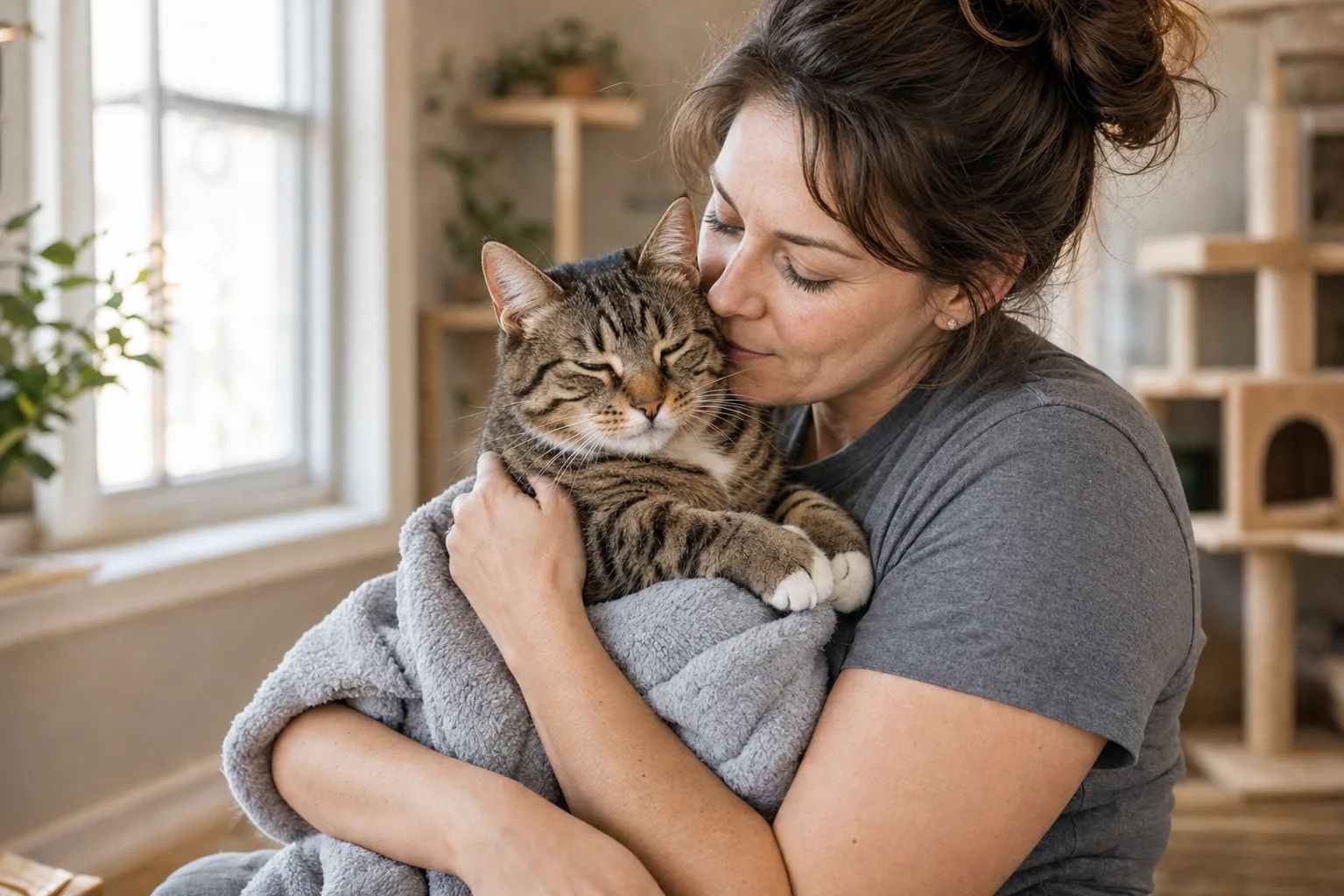 A rescue volunteer comforting a cat in foster care